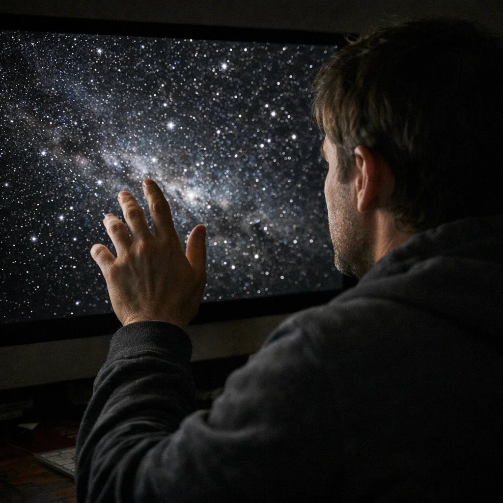 薄暗い部屋でPC画面に映る満天のバーチャル星空を見つめながら手を伸ばす人物の横顔の写真。
