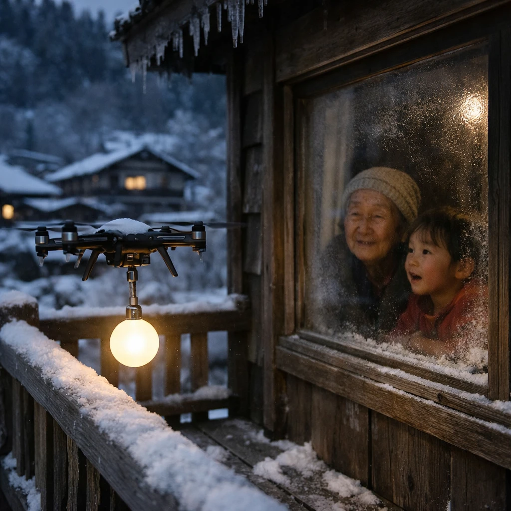 雪に包まれた山村の夜、伝統的な家のバルコニーにドローンが光る電球を届けている様子を見つめる老婦人と子どもの写真。
