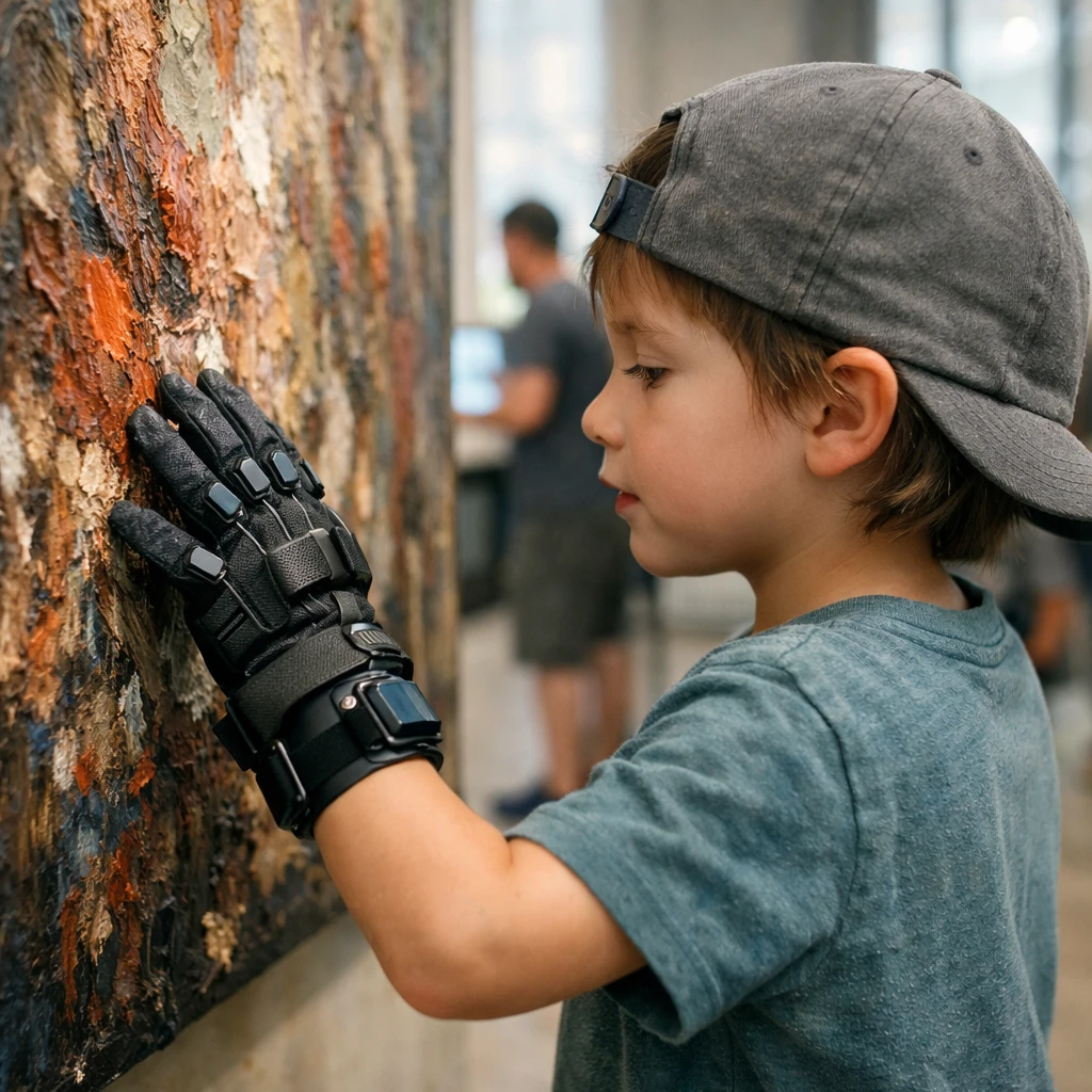 触感拡張手袋をつけた子どもが美術館で絵画にそっと触れている様子。