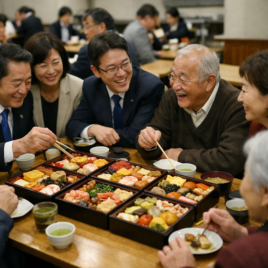 国会食堂でおせち料理を囲んで政治家と市民が笑顔で語り合う様子の写真。