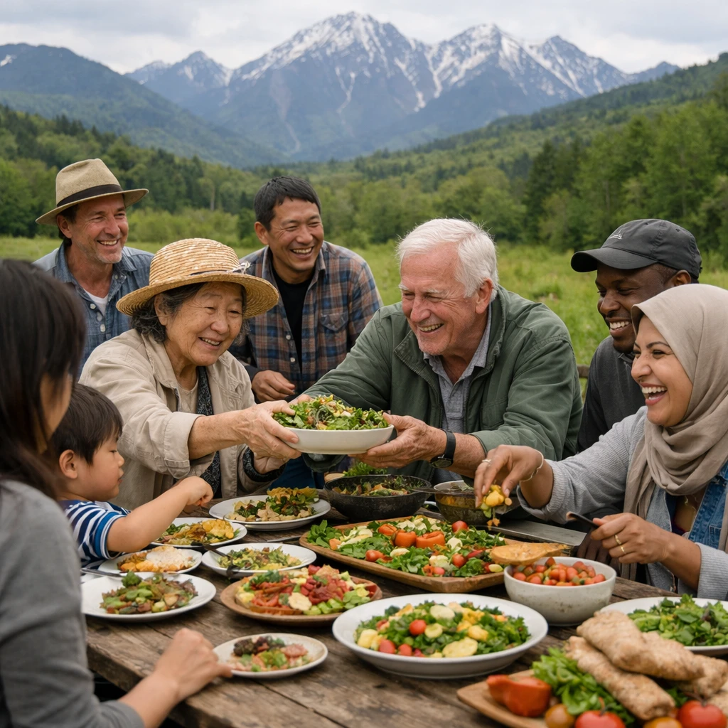 八ヶ岳高原の野外で多世代・多国籍の人々がカラフルな料理で囲む食卓の様子。