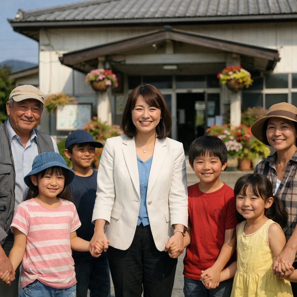 須古山町役場の前で町長と小学生たちが手をつなぎ、笑顔で記念撮影している様子。