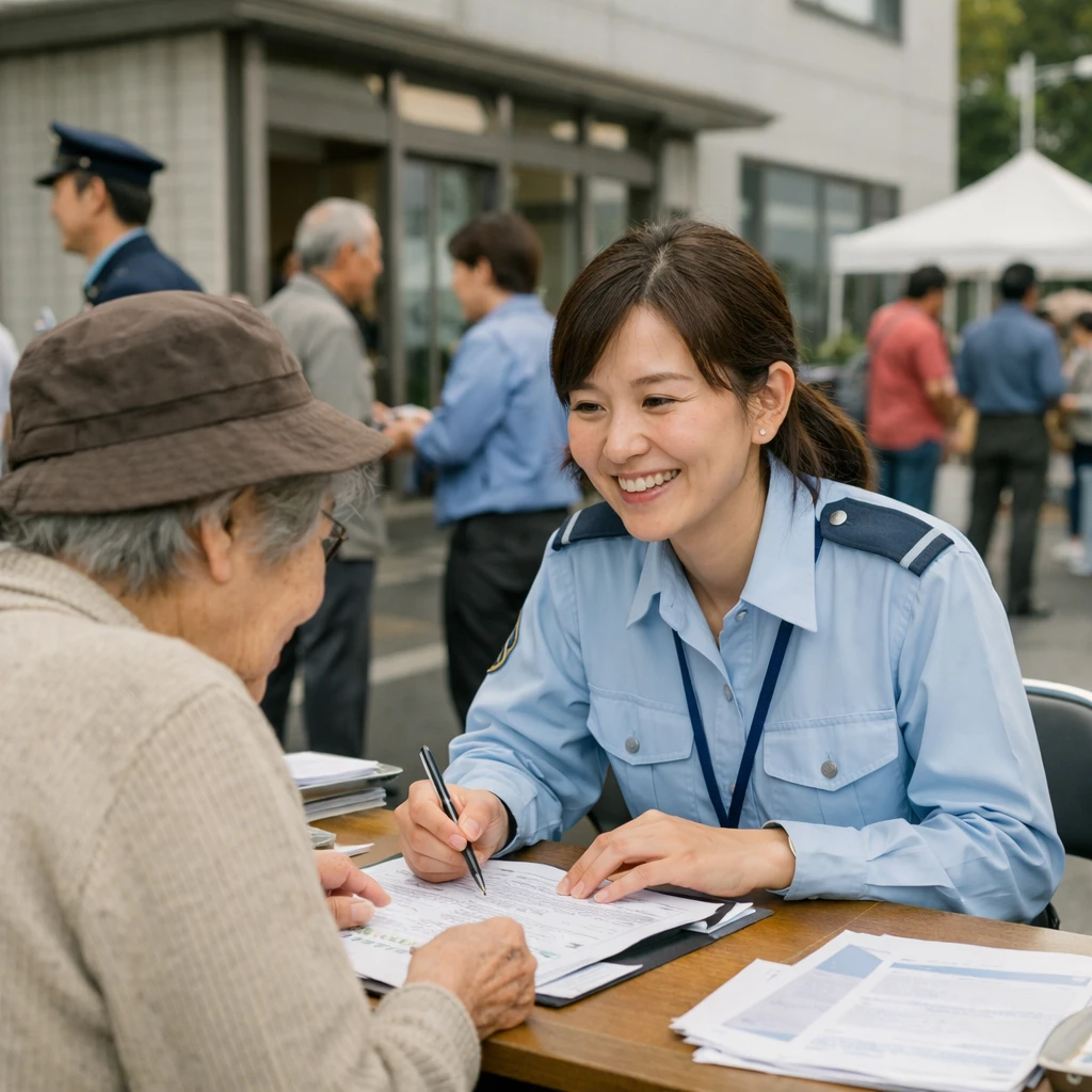 日本の市役所前の屋外イベントで、制服姿の市民職員が書類記入を手伝いながら来庁者と微笑み合っている様子の写真。