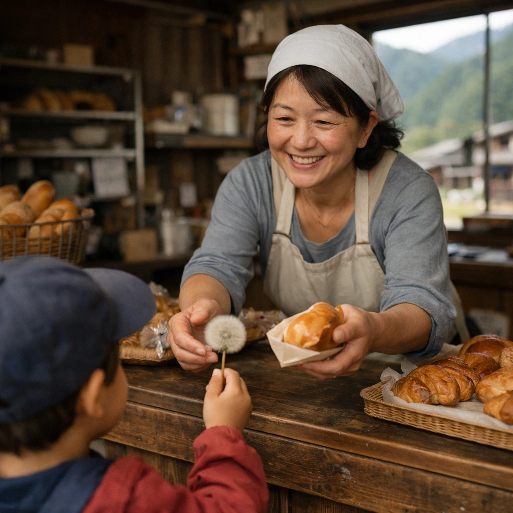 田舎の小さなパン屋で女性店主が子どもからたんぽぽの綿毛を受け取りパンを渡している様子の実写風写真。