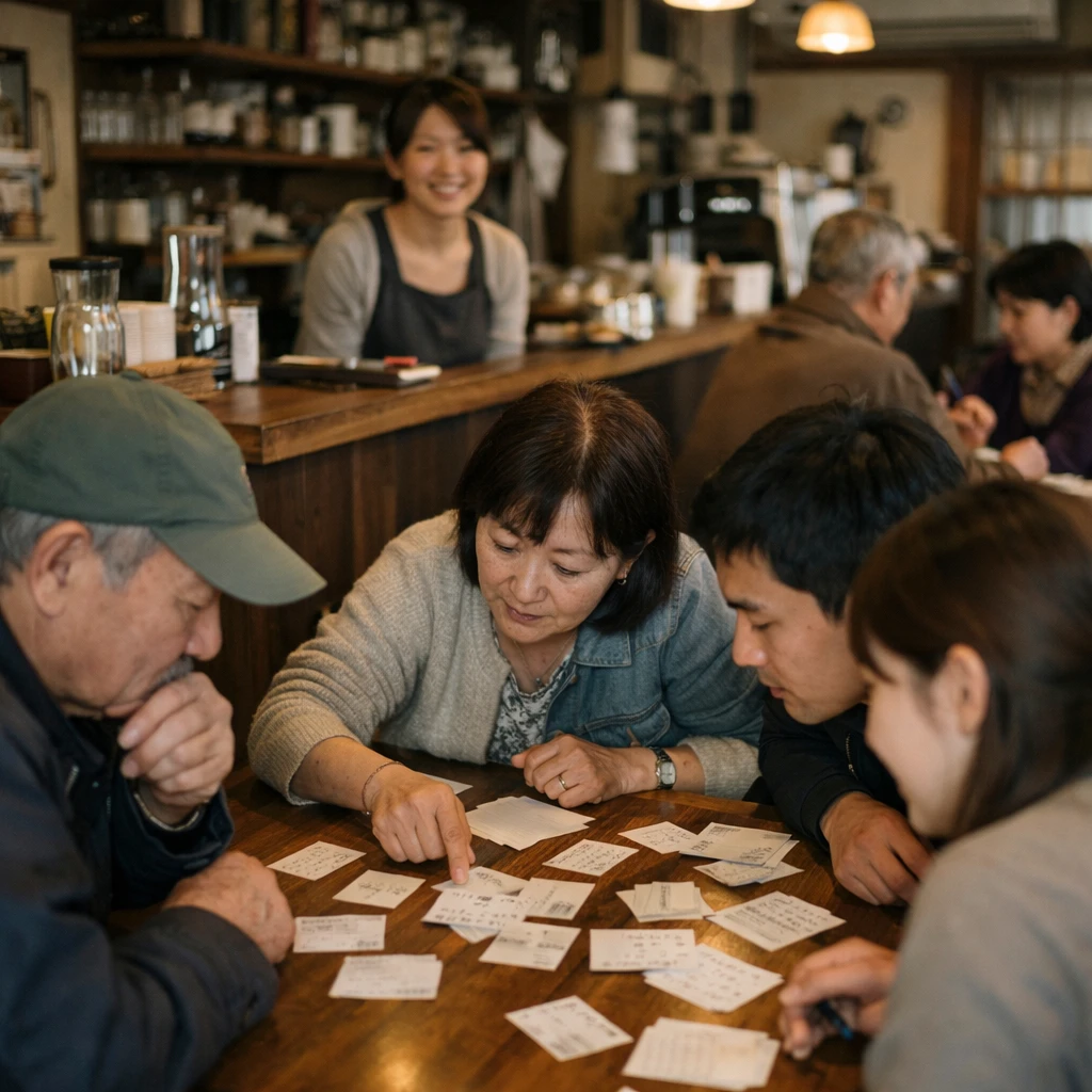 空町のカフェで老若男女がテーブルを囲み、推理カードやメモを見ながら楽しそうに話し合っている様子。