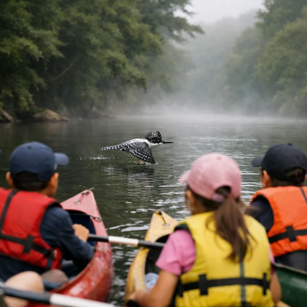 色とりどりのカヌーに乗る子どもたちが、森の渓谷で水面すれすれに飛ぶヤマセミを見ている様子の写真。