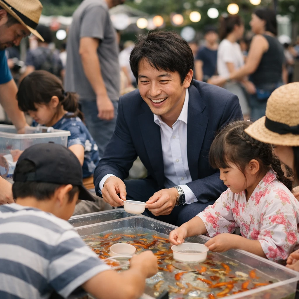 夏祭りの屋外で、透明な容器に入った金魚すくいブースを囲む子どもと大人の人々の実写写真です。