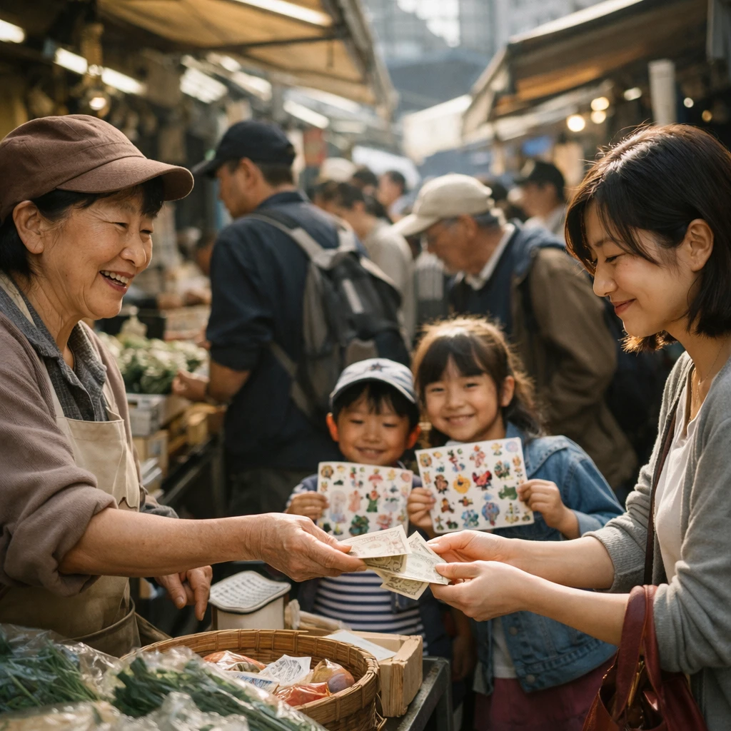 日比谷の市場でカラフルな紙幣を手に人々が笑顔でやり取りしている様子の写真です。