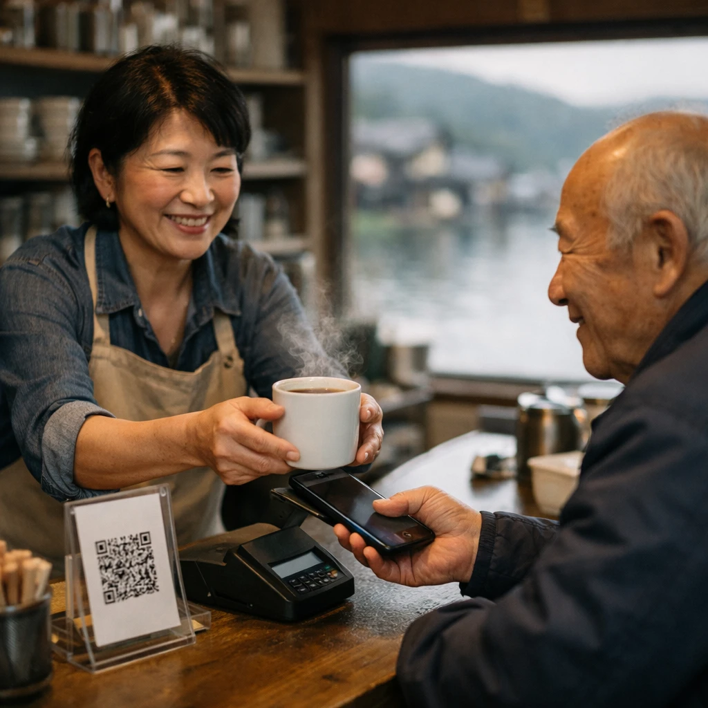 小さなカフェのカウンターで女性店主が高齢男性にコーヒーを渡し、男性がスマートフォンで支払いをする光景。