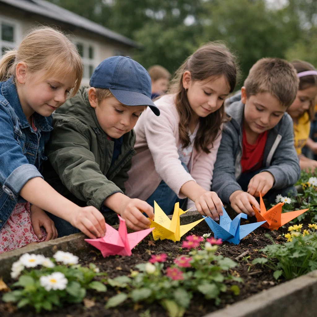 校庭の花壇に色とりどりの折り鶴を飾る小学生たちの様子。