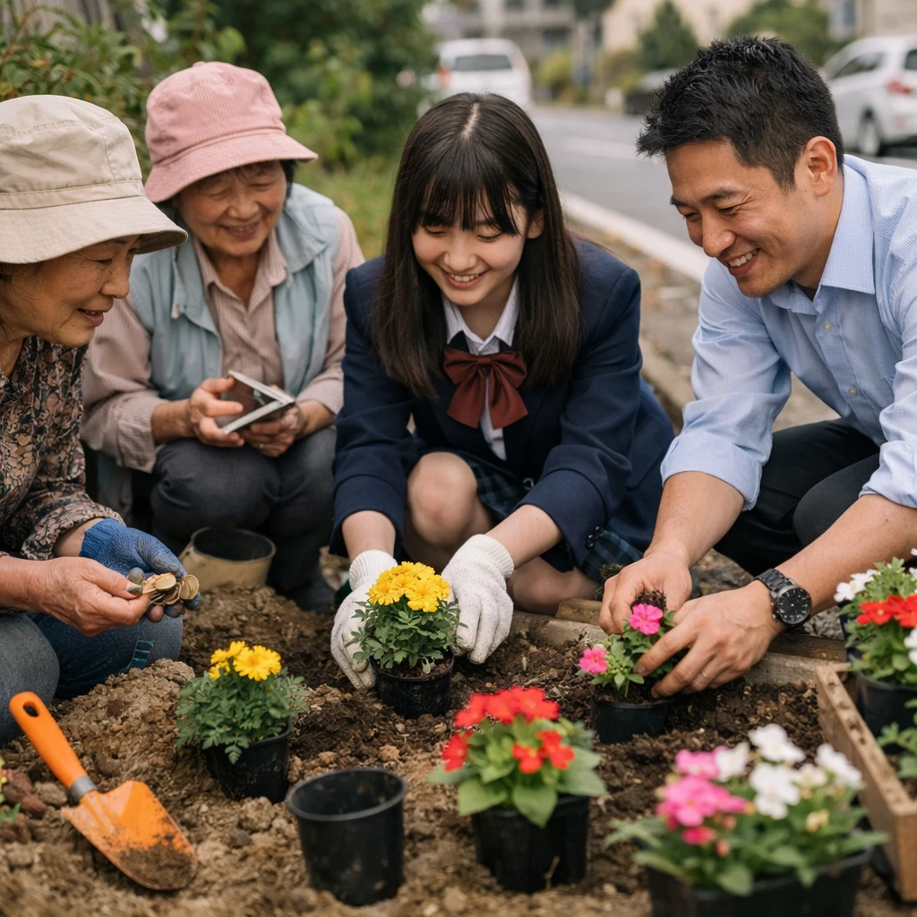 高齢の女性や学生、会社員が町の道路脇の花壇で一緒に花を植えている様子の写真。